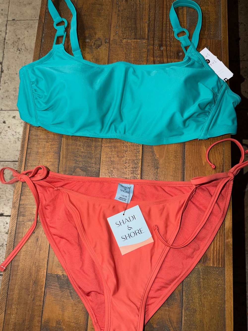 Shade & Shore Teal Bandeau Top with Coral Tie-Side Bikini Bottoms